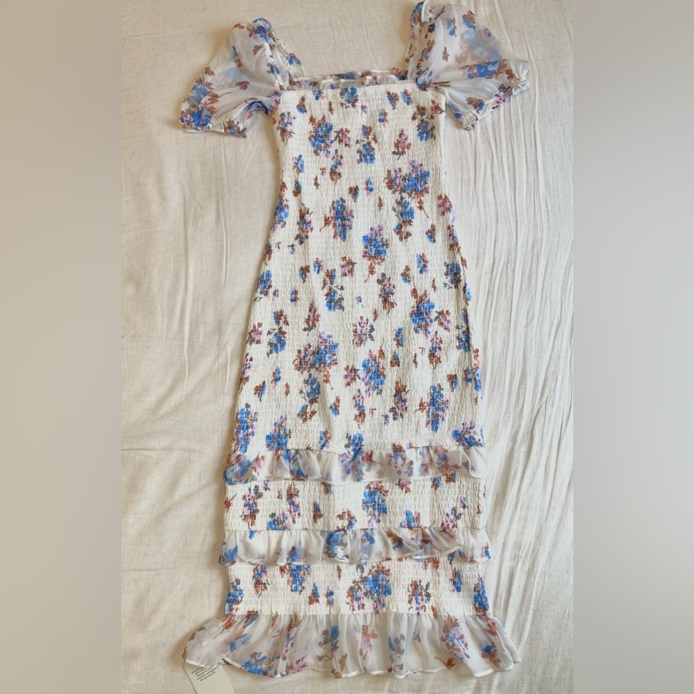 Abercrombie & Fitch Puff Sleeve Smocked Midi Dress